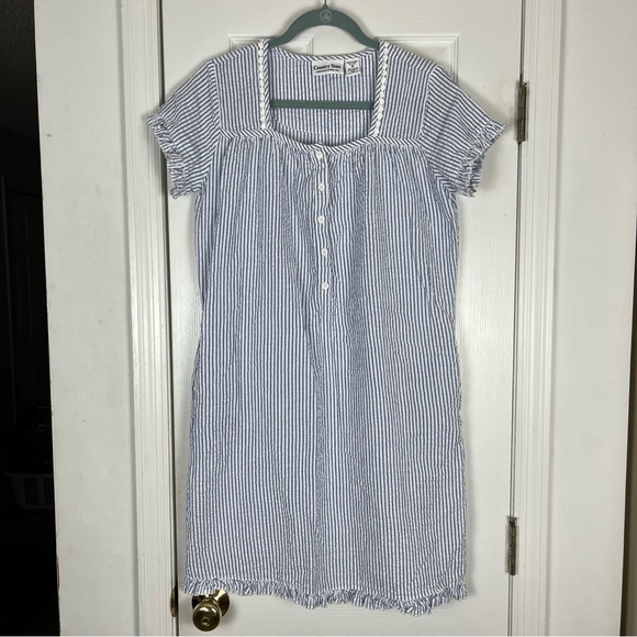 Country Store Blue/White Striped Short Sleeve Seersucker Nightgown - Picture 1 of 5